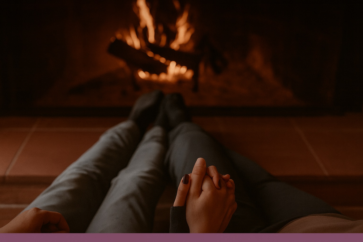 Couple holding hands in front of a fireplace